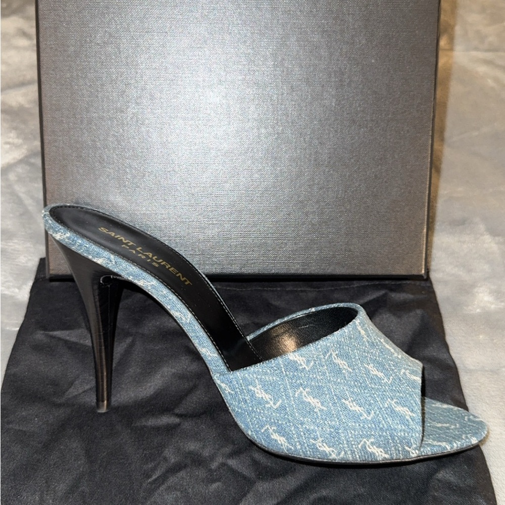 Saint Laurent Denim Open-Toe Heels - Picture 2 of 6